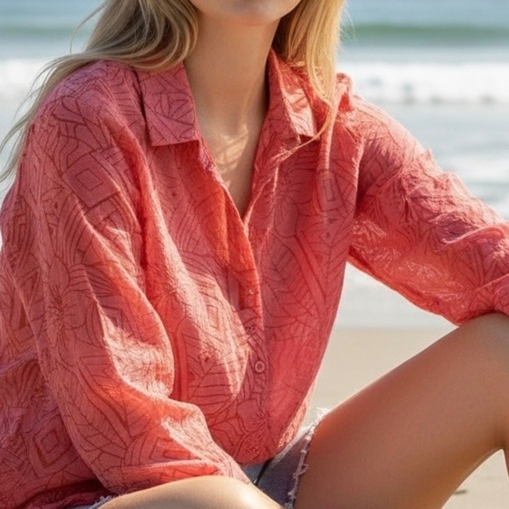 Alfred Dunner Womens Coral Pink Burnout Velvet Floral Blouse Sz 14 Sheer Coastal
